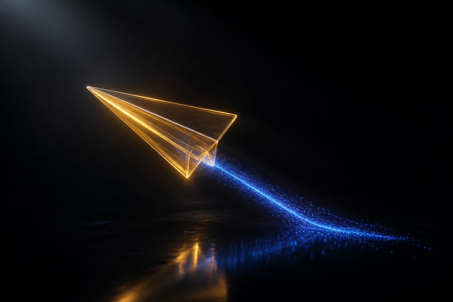 Glowing glass paper plane flying upward with a blue particle trail