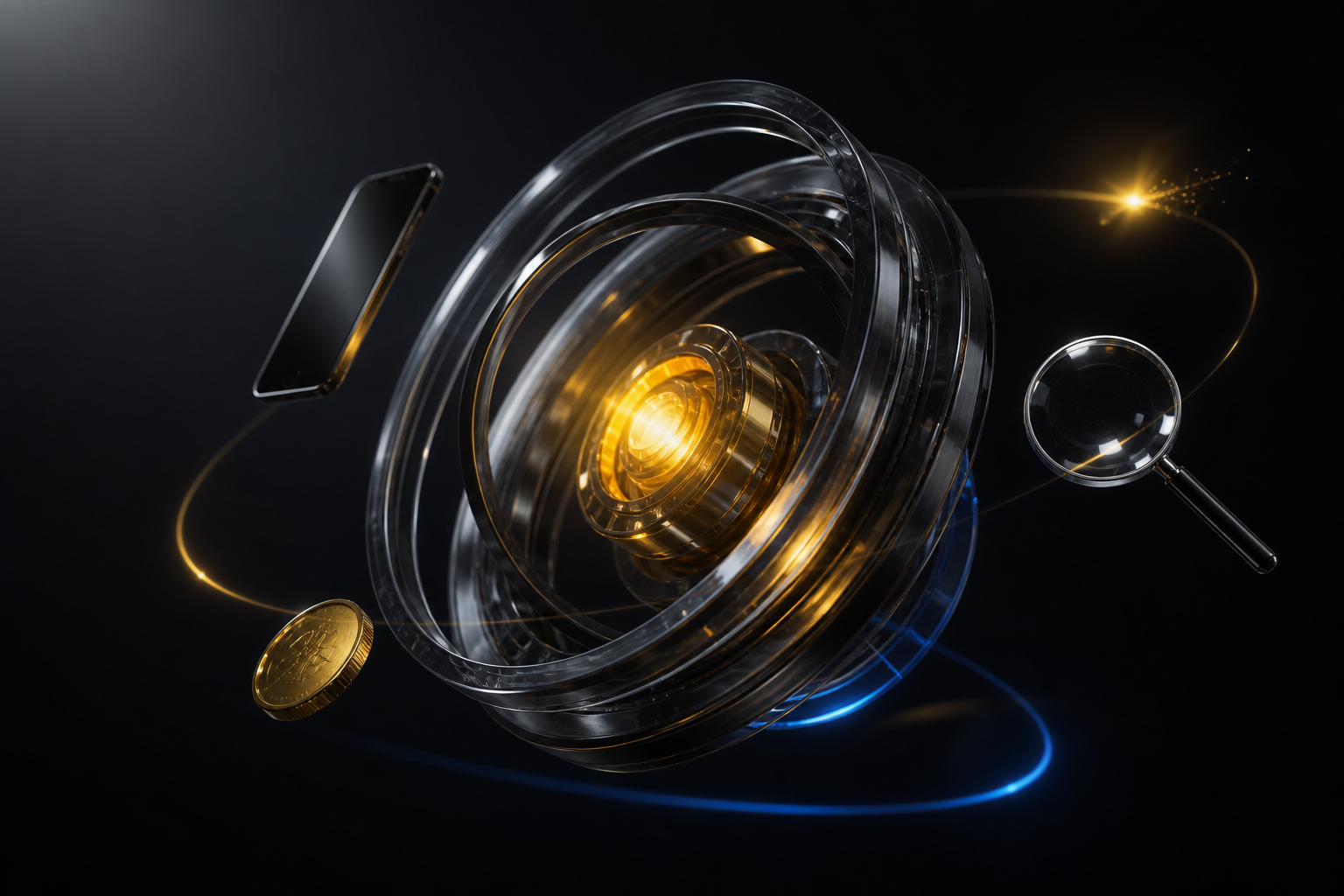 Glass orbital flywheel with a glowing amber core, orbited by a smartphone, coin, and magnifying lens