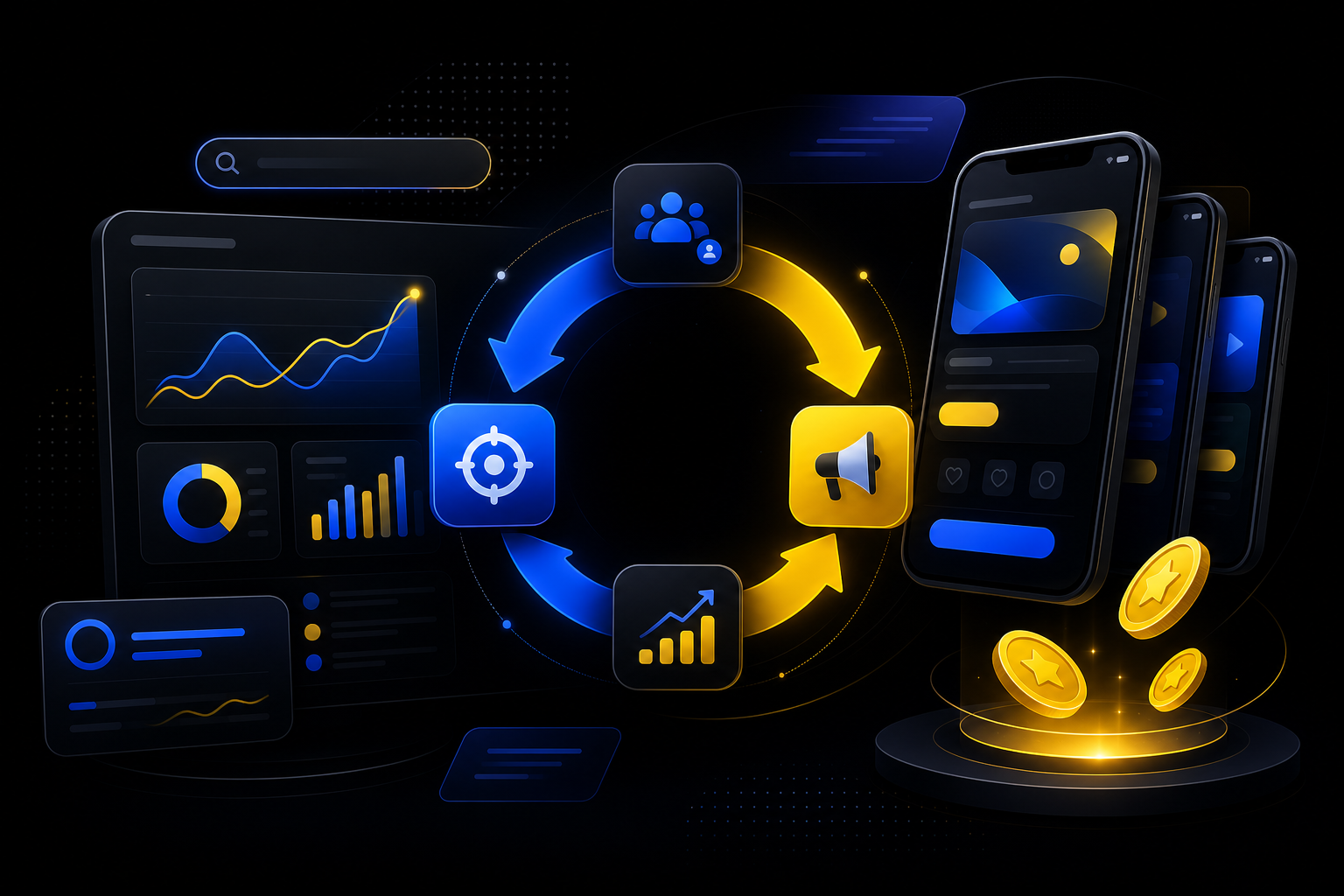 Abstract Apptastic performance dashboard with mobile screens, reward coins, and growth arrows
