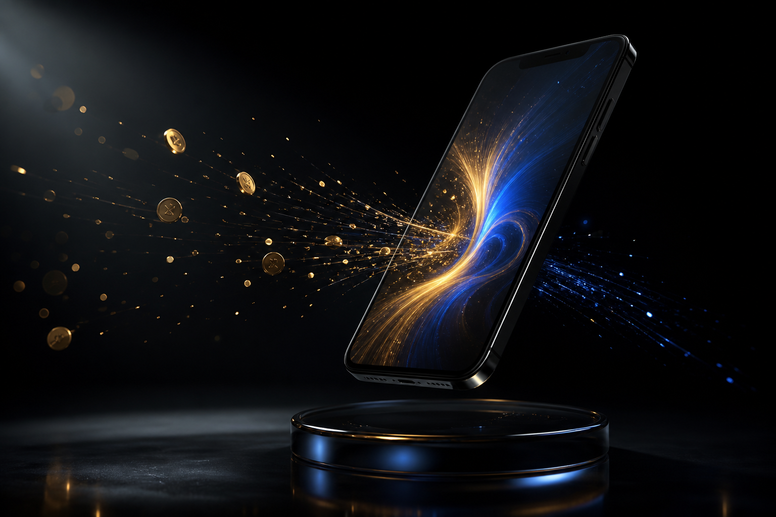 Premium smartphone drawing in streams of glowing particles and coins