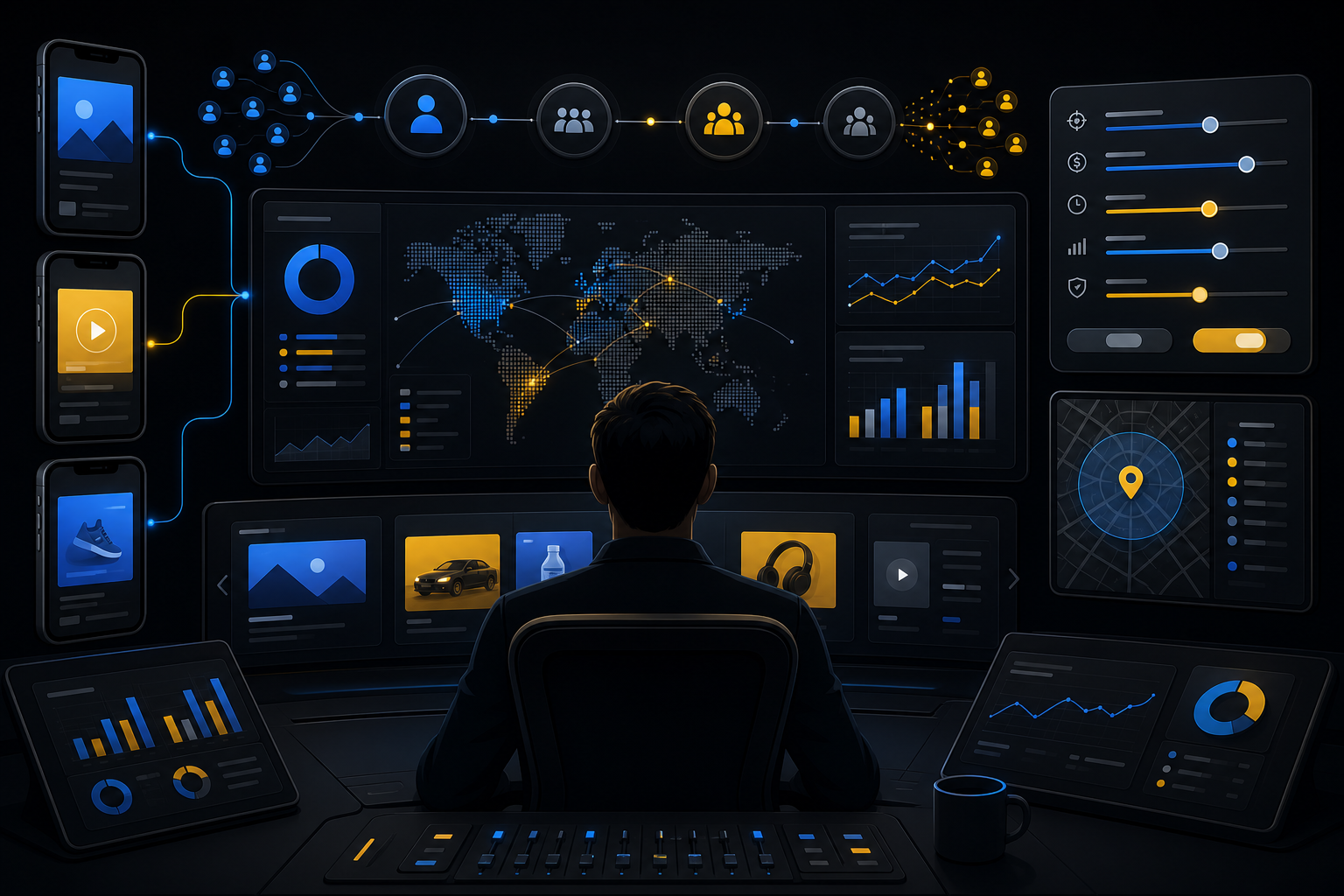 Mobile media buying control room with dashboards and audience routing