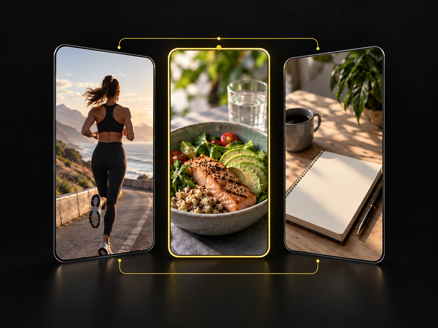 Three mobile ad creatives showing a runner, a food bowl, and a journal, with the selected creative outlined in yellow
