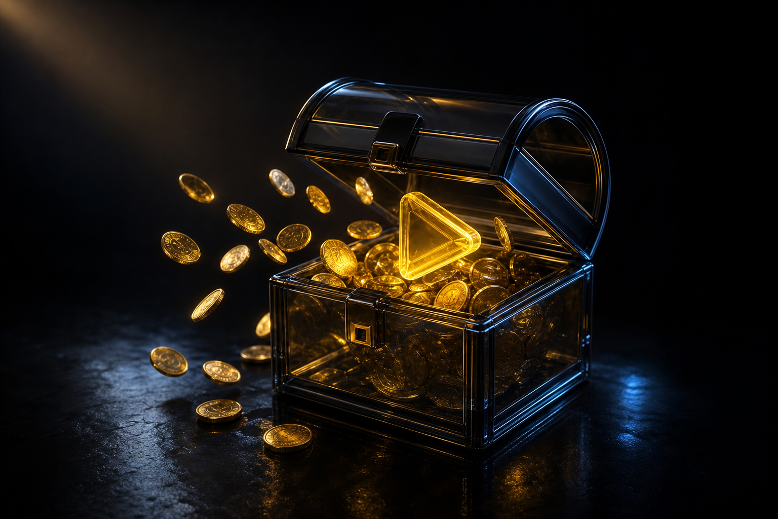 Glass treasure chest releasing glowing gold coins and a play button