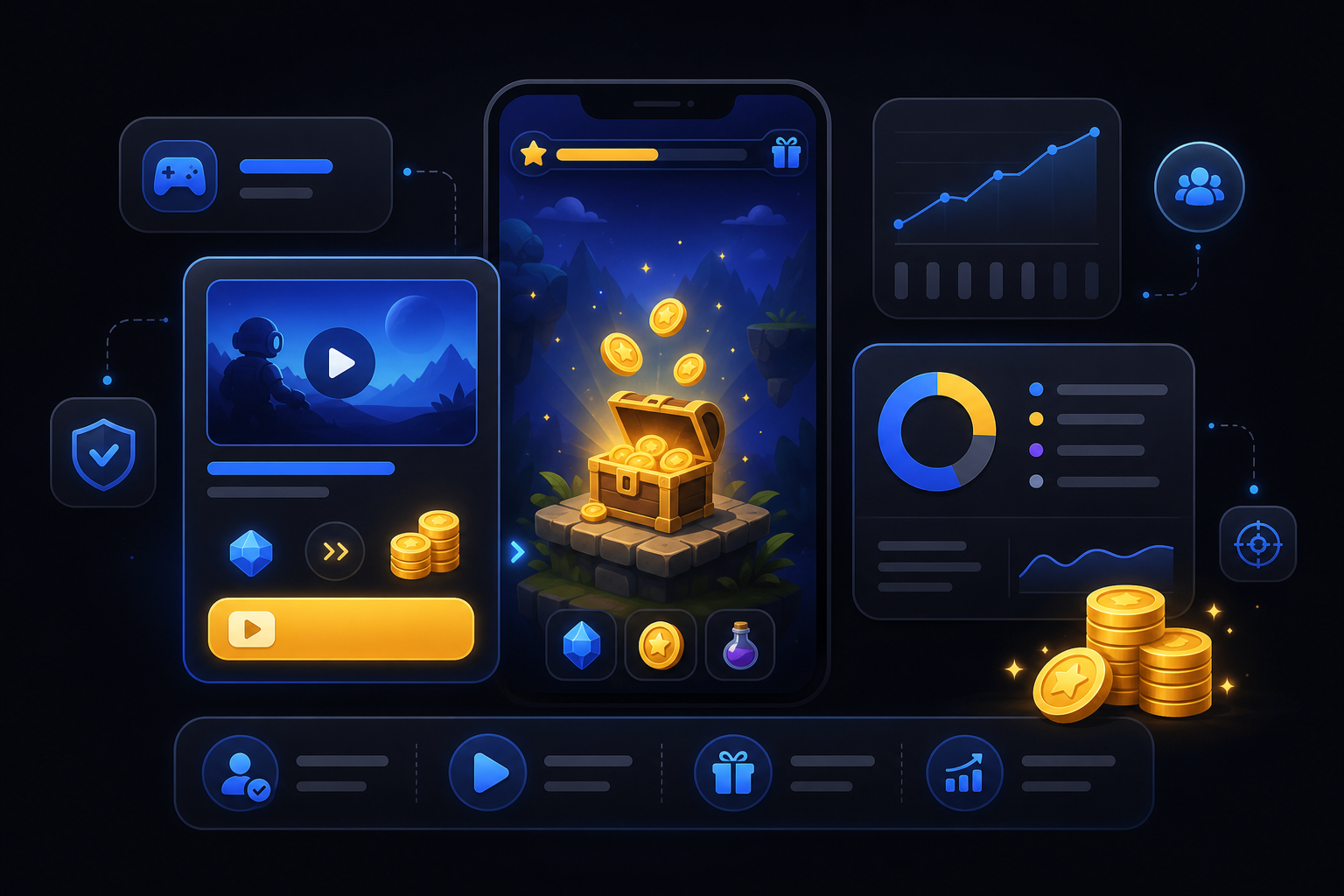 Rewarded ads mobile engagement dashboard with coins and opt-in cards