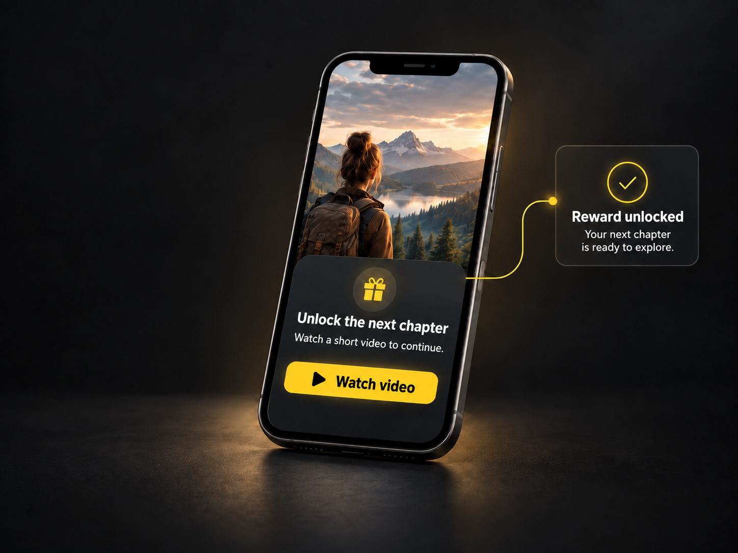 Rewarded video example: watch a short video to unlock the next chapter, followed by a reward unlocked confirmation