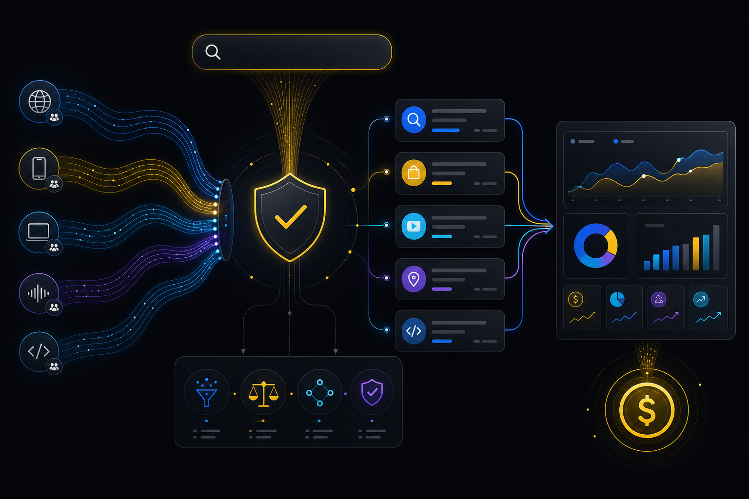 Search arbitration and traffic quality dashboard illustration