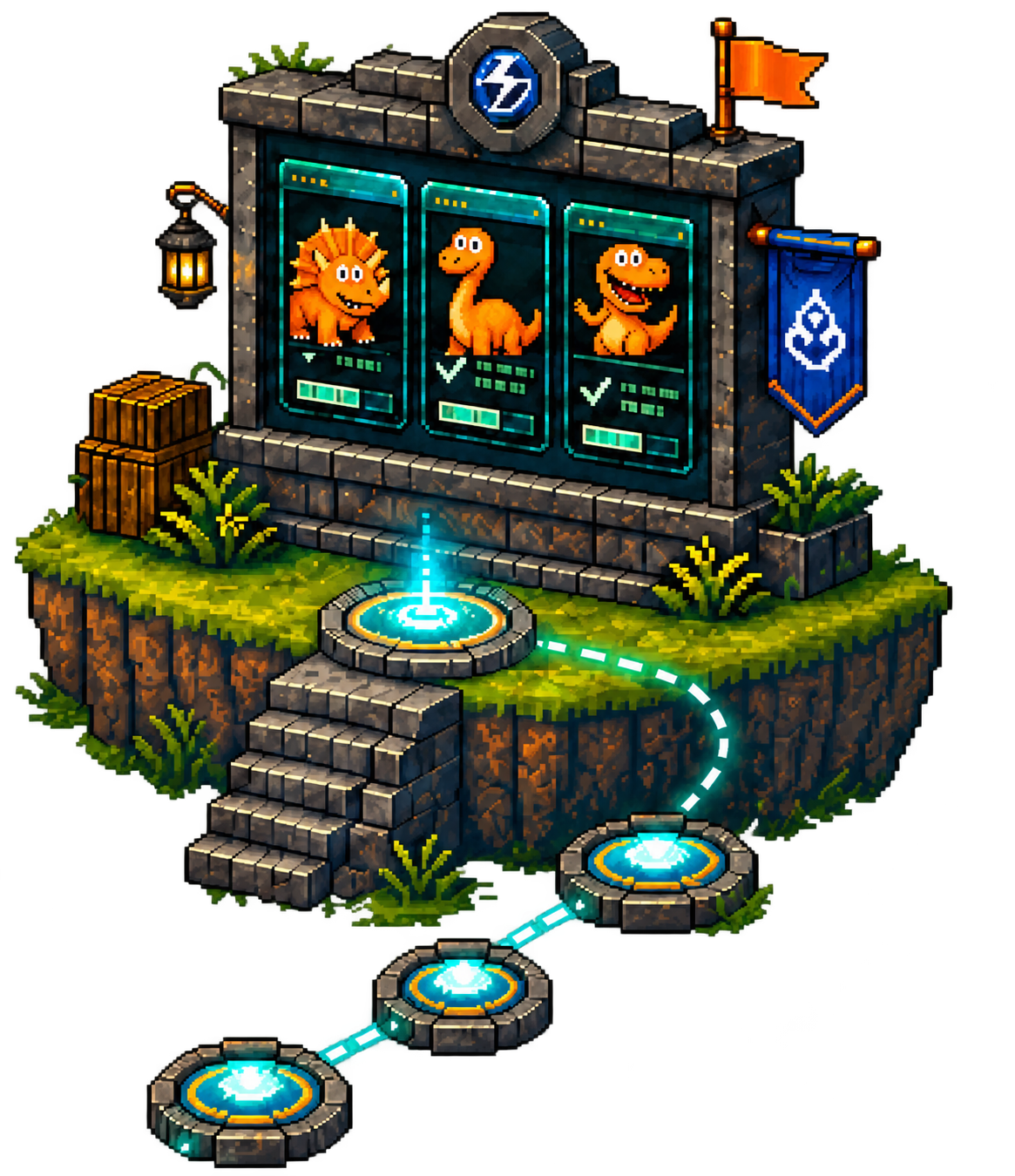 Play for Pay campaign illustration with three dinosaur profiles and a connected route
