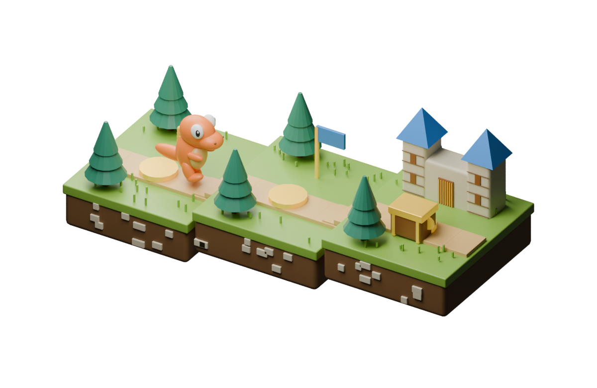 Orange dinosaur on a three-island quest trail leading to a blue-roof castle and reward chest