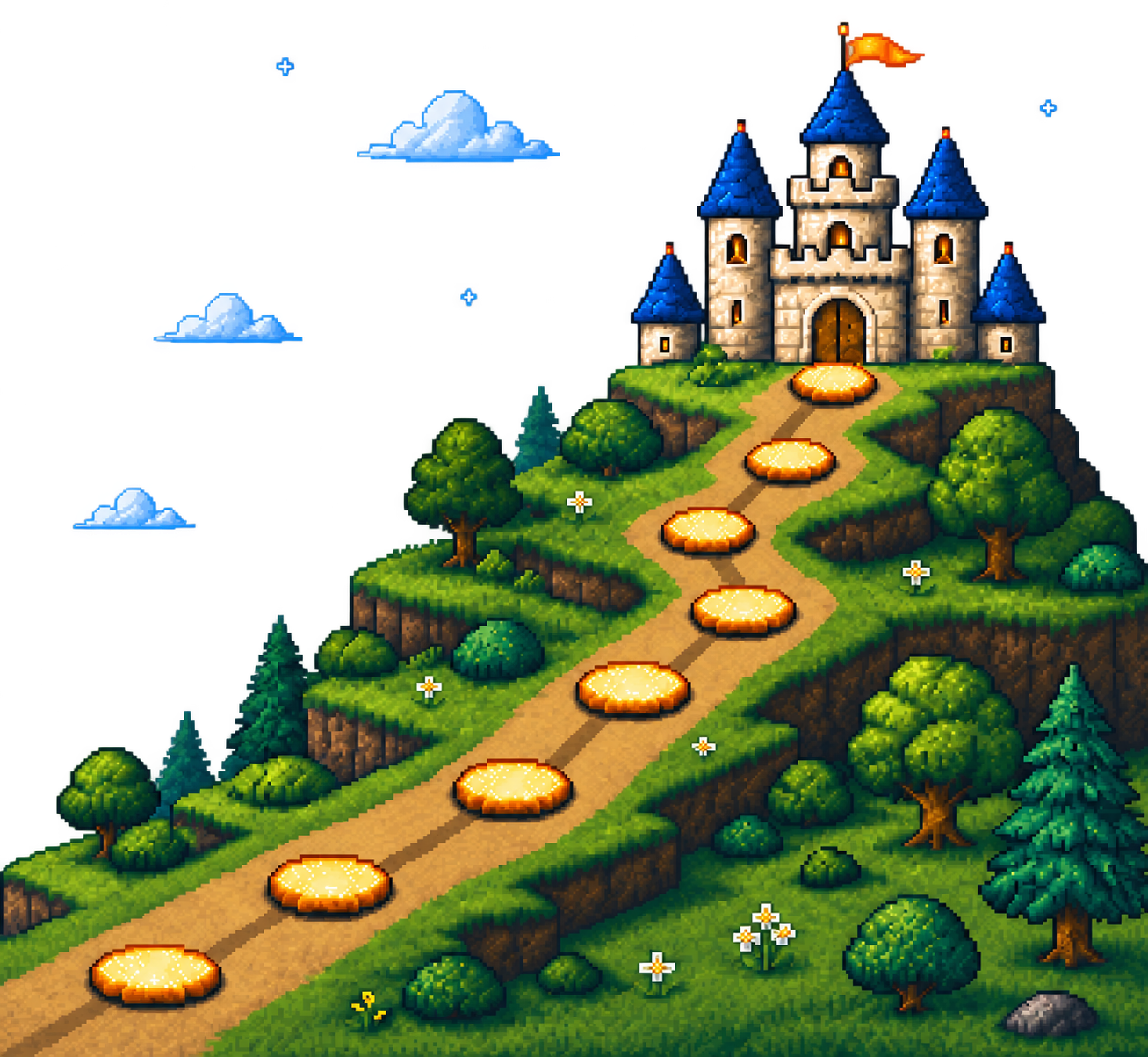 Play for Pay pixel-art quest world with a castle and a winding path